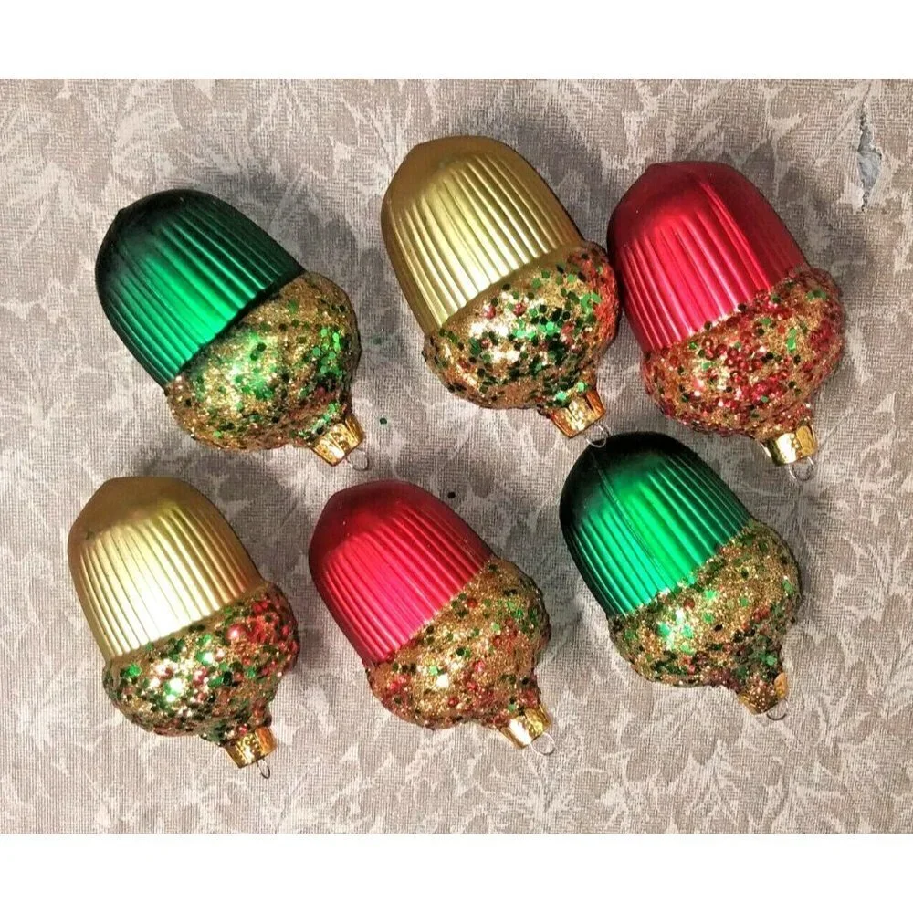 6 Vintage Christmas Glass Ornaments Acorns w/glitter sequins Commodore red gold